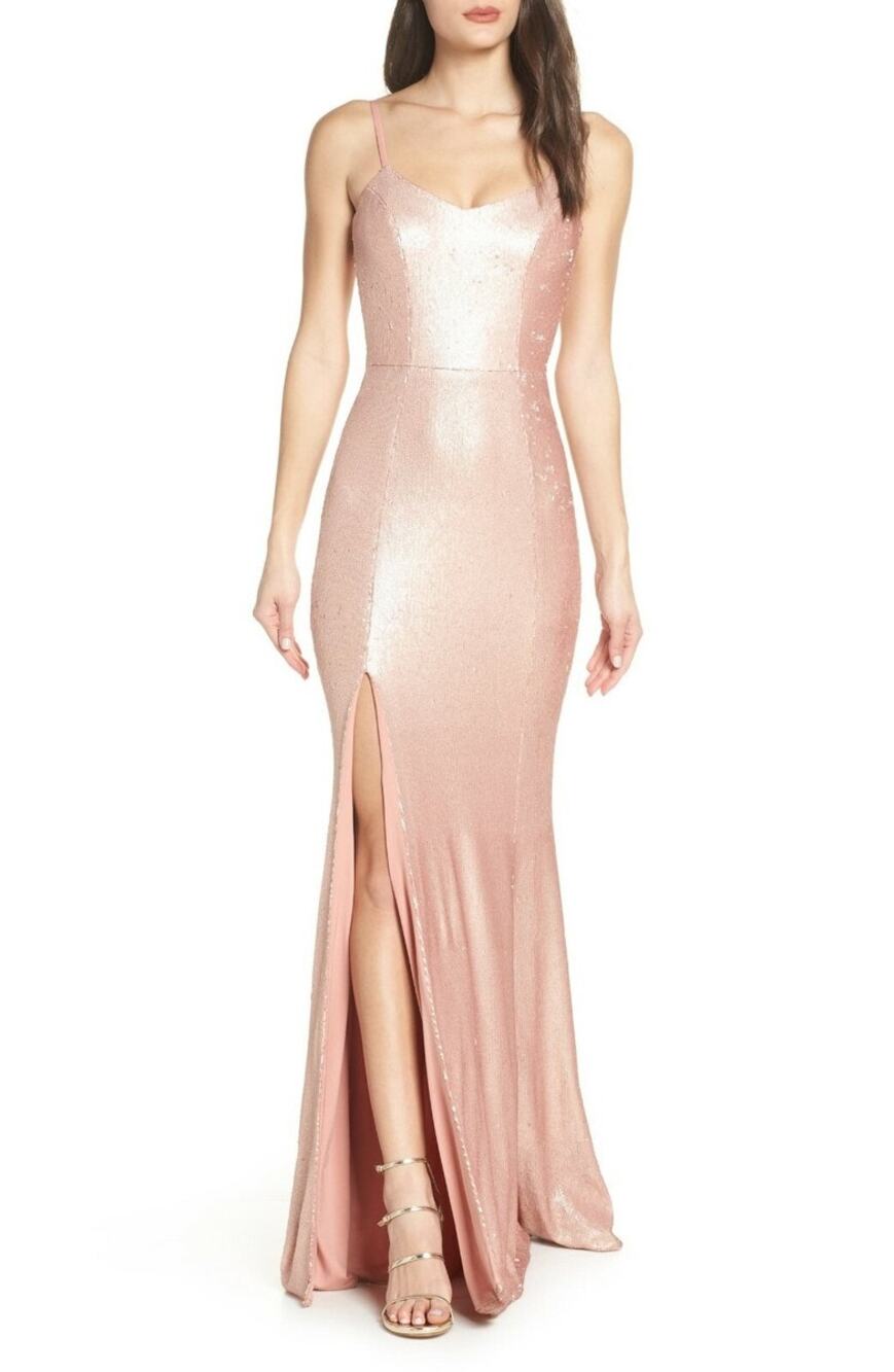 Dress the Population Iris Sequin Mermaid Gown Rose Gold Pink Medium Cocktail